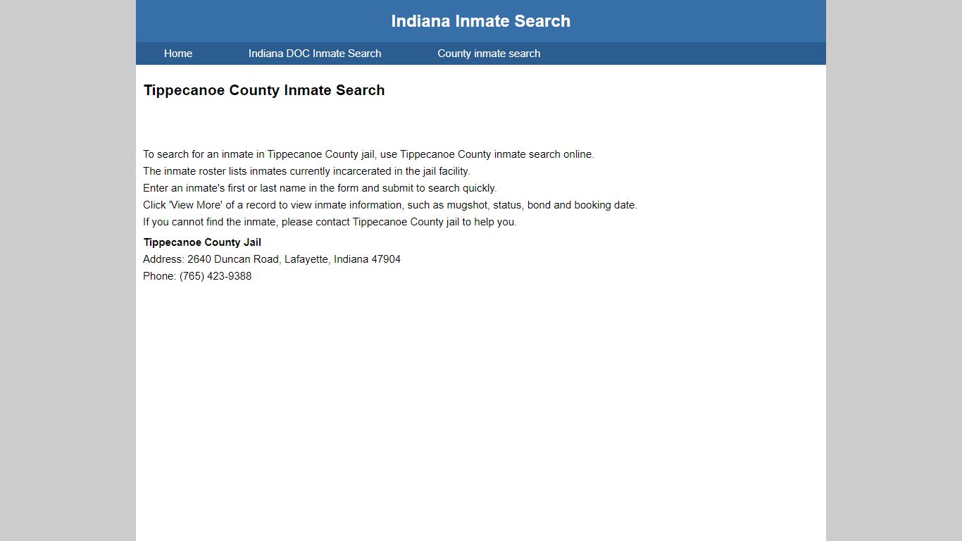 Tippecanoe County Jail Inmate Search - Indiana Inmate Search